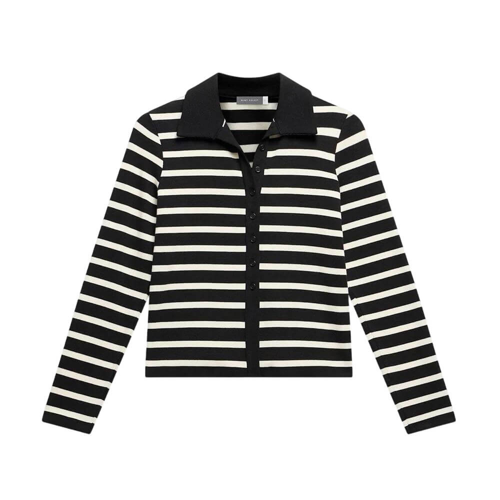 Mint Velvet Black Cotton Striped Polo Top